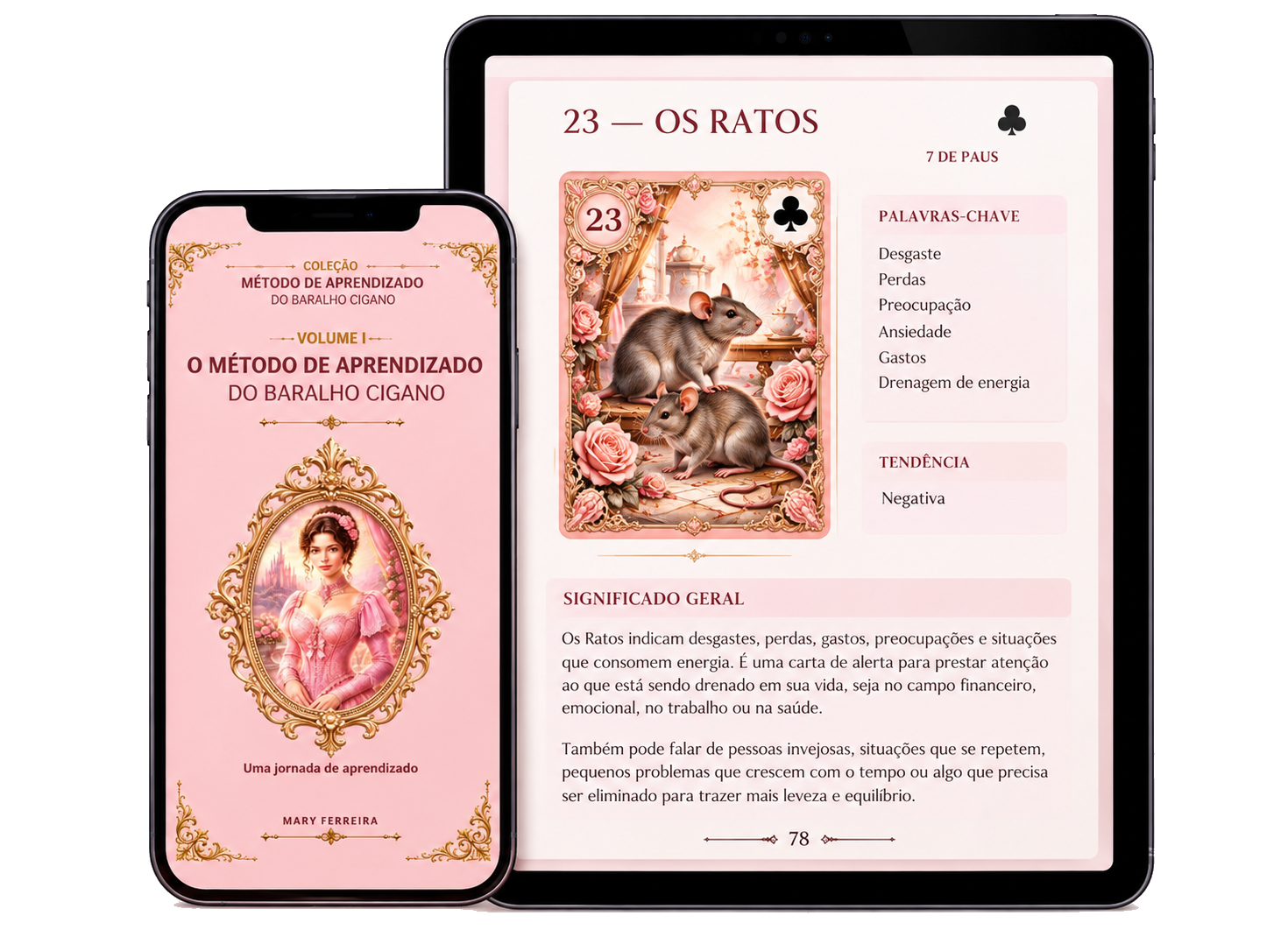 Ebook exibido no celular, com a capa, e no tablet, com uma página interna